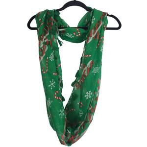 Womens Infinity Scarf Green Candy Cane Snowflake Sheer‎ 34x21 In Holiday